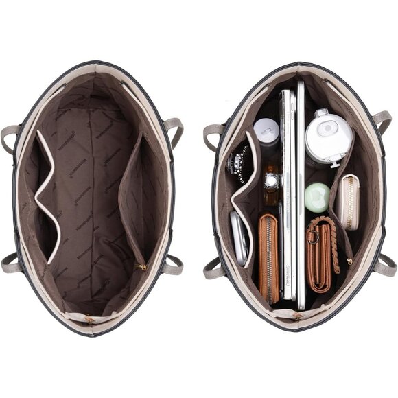 Women Beige With Grey Imported Vegan Leather Medium Top Handle Satchel Tote Bags - Picture 5 of 6